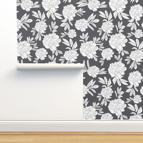 Steel Gray & White Peonies Flower Design 03 Peel & Stick Wallpaper
