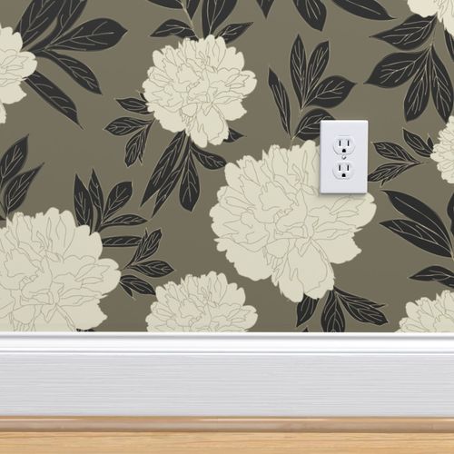 Olive Green & Cream Peonies Flower Design 06 Peel & Stick Wallpaper