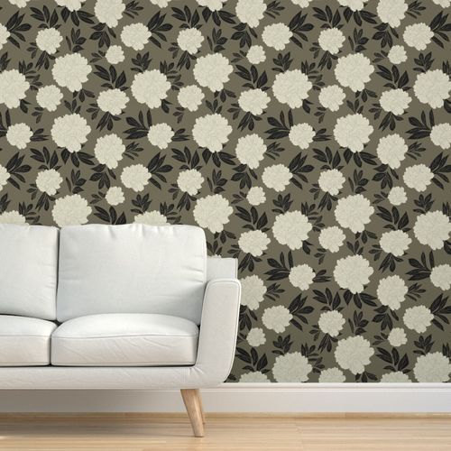 Olive Green & Cream Peonies Flower Design 06 Peel & Stick Wallpaper