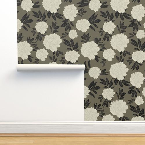 Olive Green & Cream Peonies Flower Design 06 Peel & Stick Wallpaper