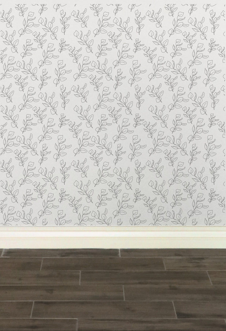 Peel & Stick Wallpaper; Black and White Eucalyptus Leaf Design 02 - Removable Wallpaper