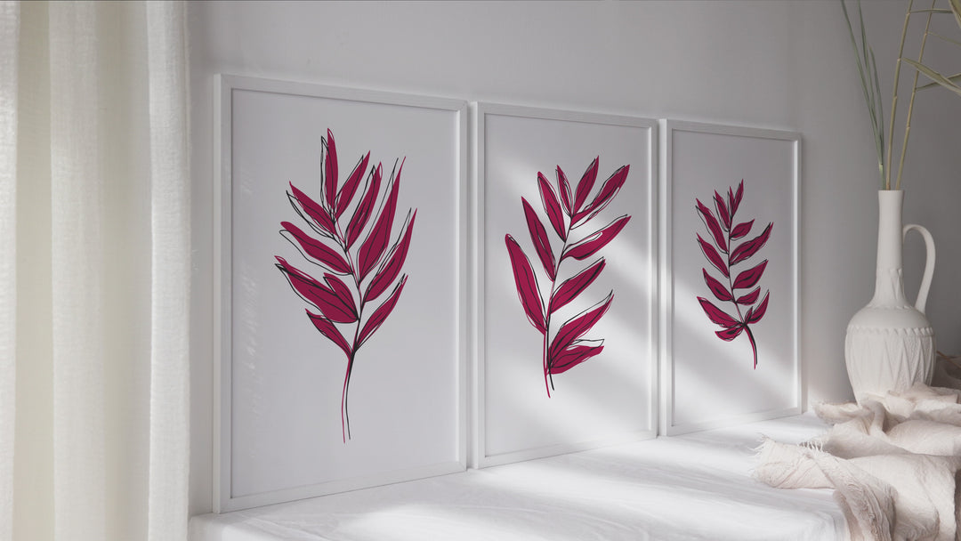 Viva Magenta colored Leaves with Black Offset Line Design #22-10- Set of 3; Digital Download Wall Art