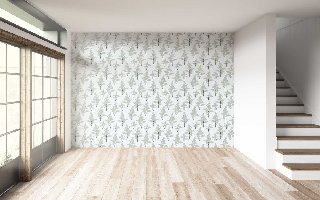 White and Sage Green Peel and Stick Removable Wallpaper - Madame Cola Design 01L