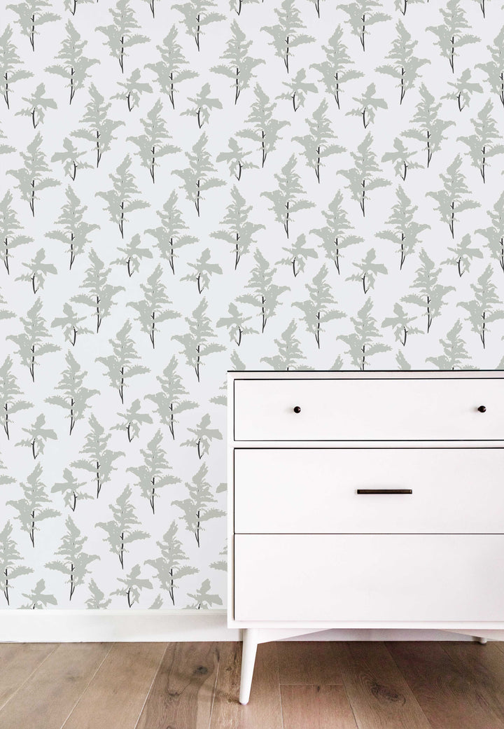 White and Sage Green Peel and Stick Removable Wallpaper - Madame Cola Design 01L