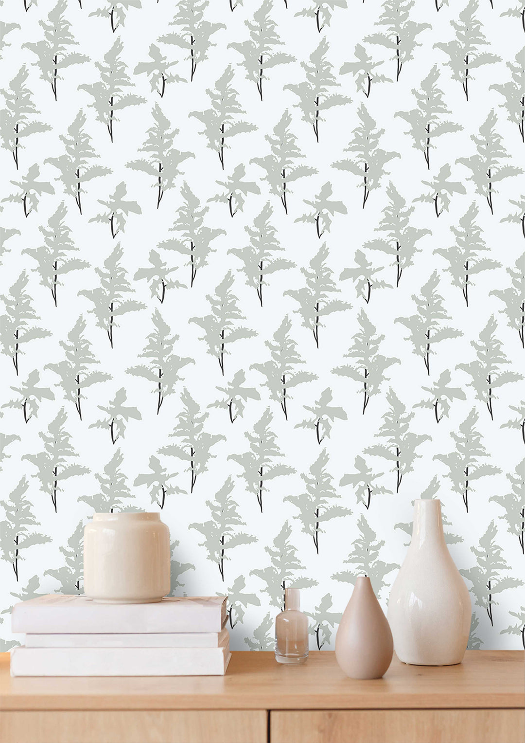 White and Sage Green Peel and Stick Removable Wallpaper - Madame Cola Design 01L