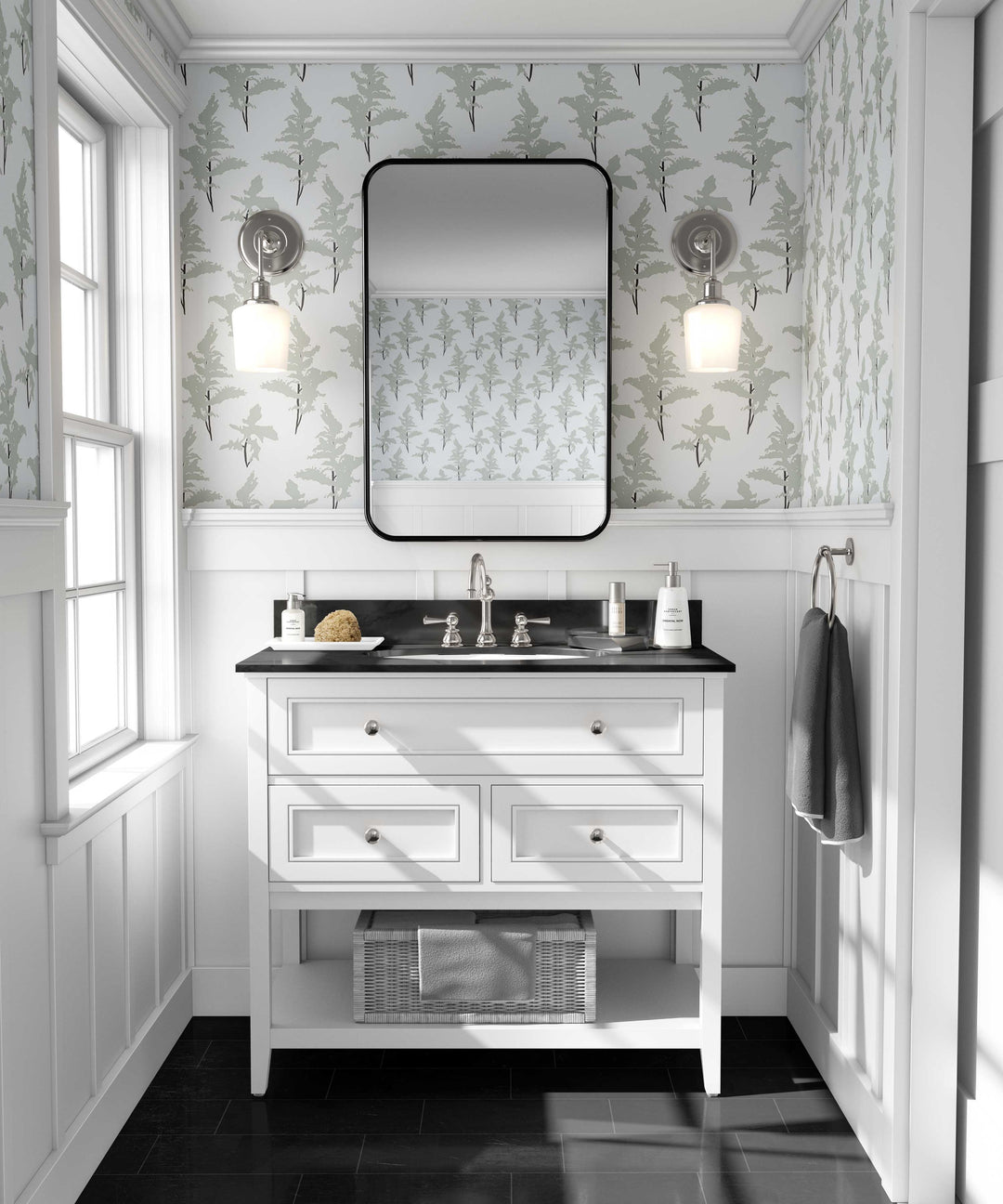 White and Sage Green Peel and Stick Removable Wallpaper - Madame Cola Design 01L