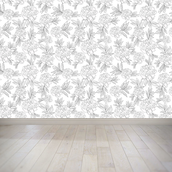 White & Black Line Peonies Flower Design 00 Peel & Stick Wallpaper