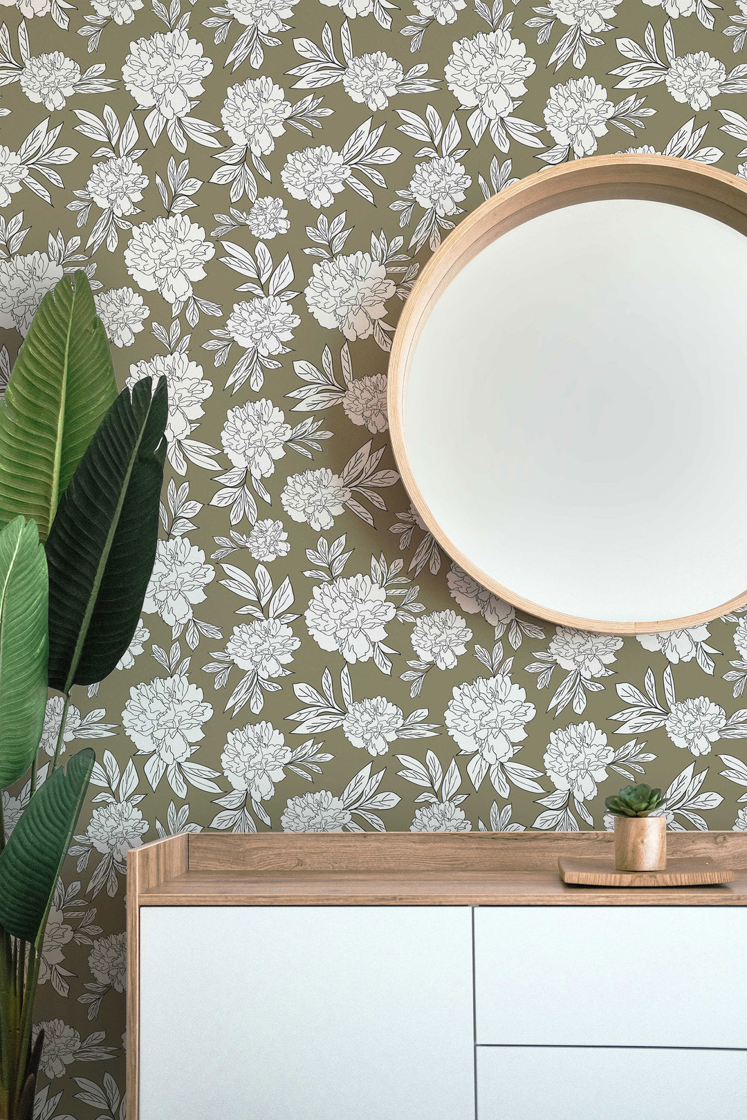 Olive Green & White Peonies Flower Design 01 Peel & Stick Wallpaper