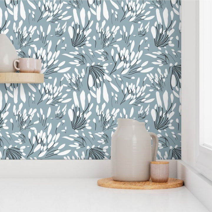 Blue and White Tear Drop Floral 01 Peel and Stick Removable Wallpaper