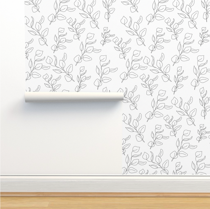 Peel & Stick Wallpaper; Black and White Eucalyptus Leaf Design 02 - Removable Wallpaper