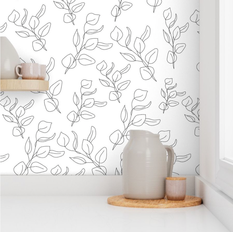 Peel & Stick Wallpaper; Black and White Eucalyptus Leaf Design 02 - Removable Wallpaper