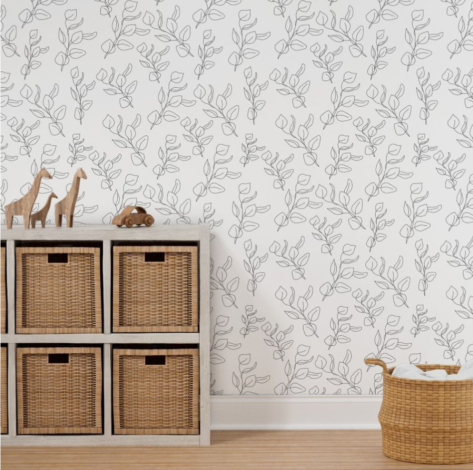 Peel & Stick Wallpaper; Black and White Eucalyptus Leaf Design 02 - Removable Wallpaper