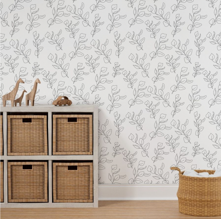 Peel & Stick Wallpaper; Black and White Eucalyptus Leaf Design 02 - Removable Wallpaper