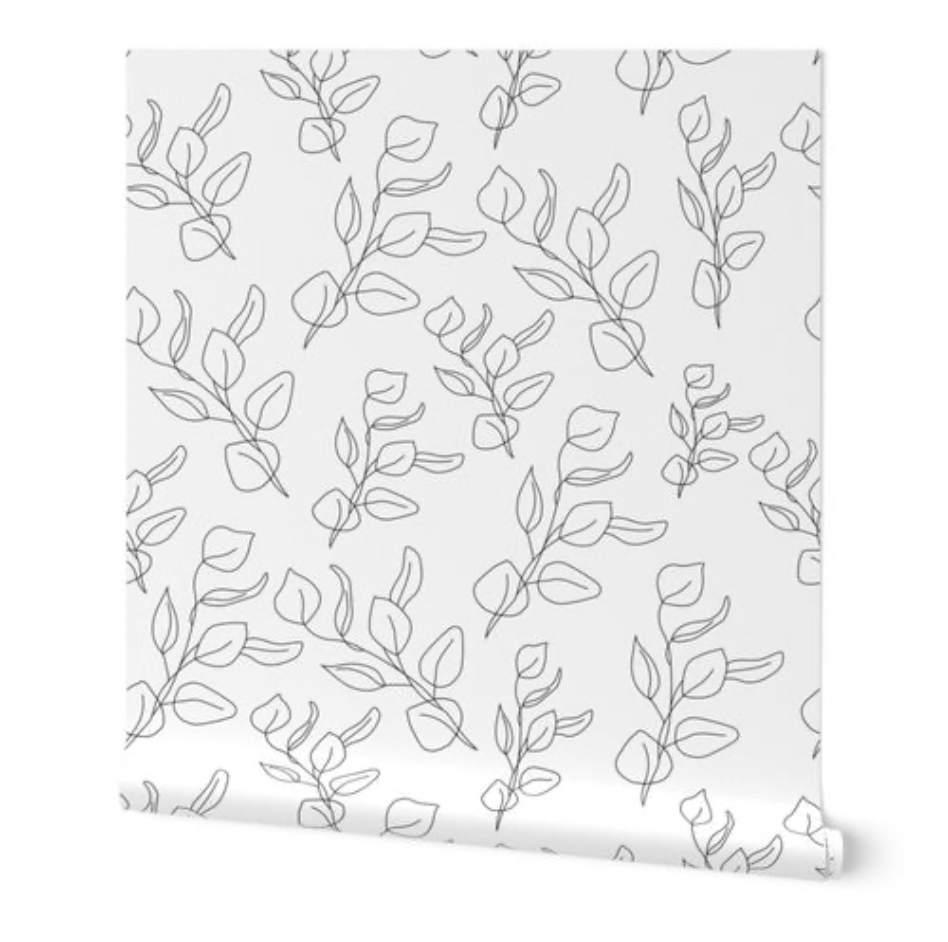 Peel & Stick Wallpaper; Black and White Eucalyptus Leaf Design 02 - Removable Wallpaper