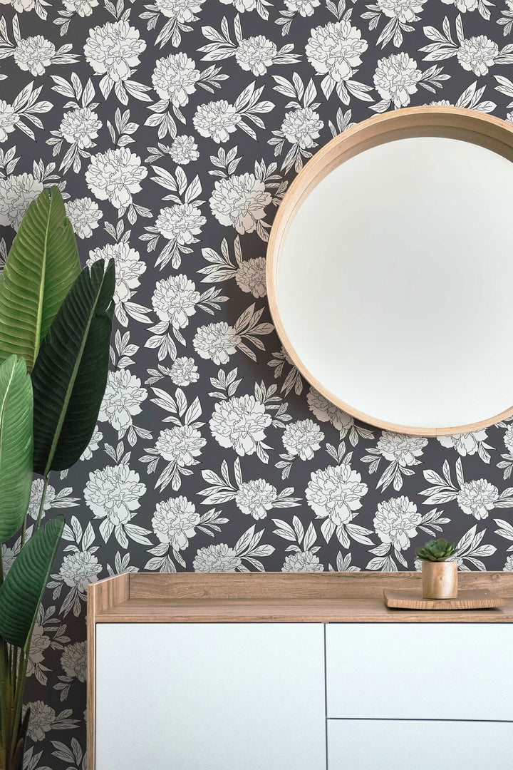 Steel Gray & White Peonies Flower Design 03 Peel & Stick Wallpaper