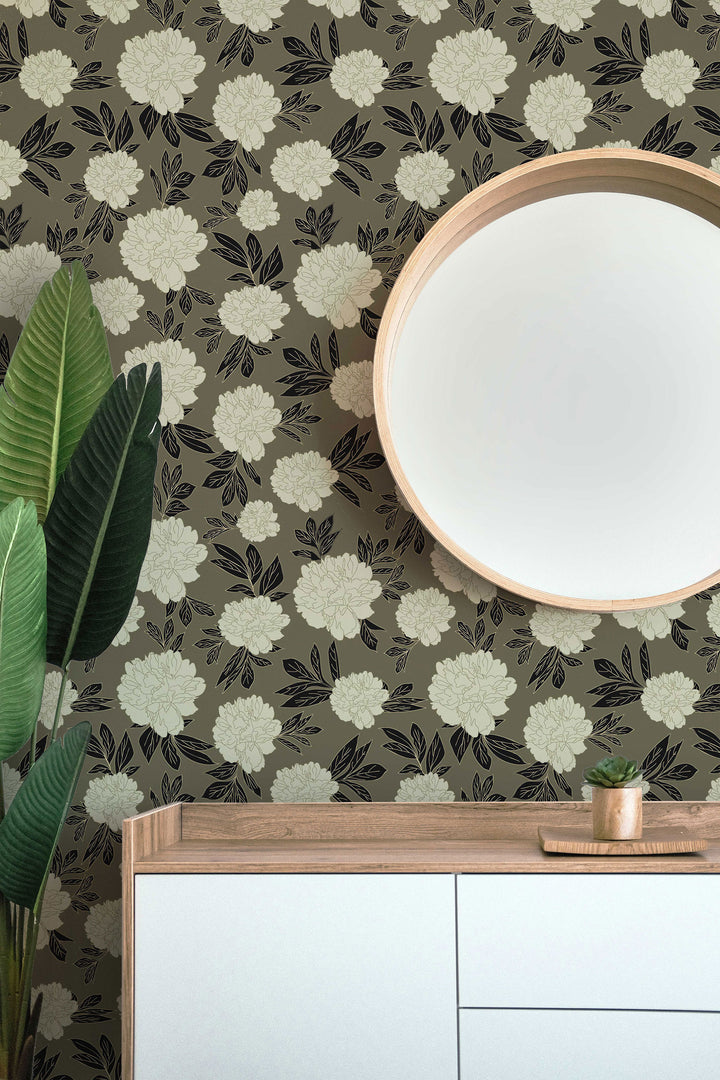 Olive Green & Cream Peonies Flower Design 06 Peel & Stick Wallpaper