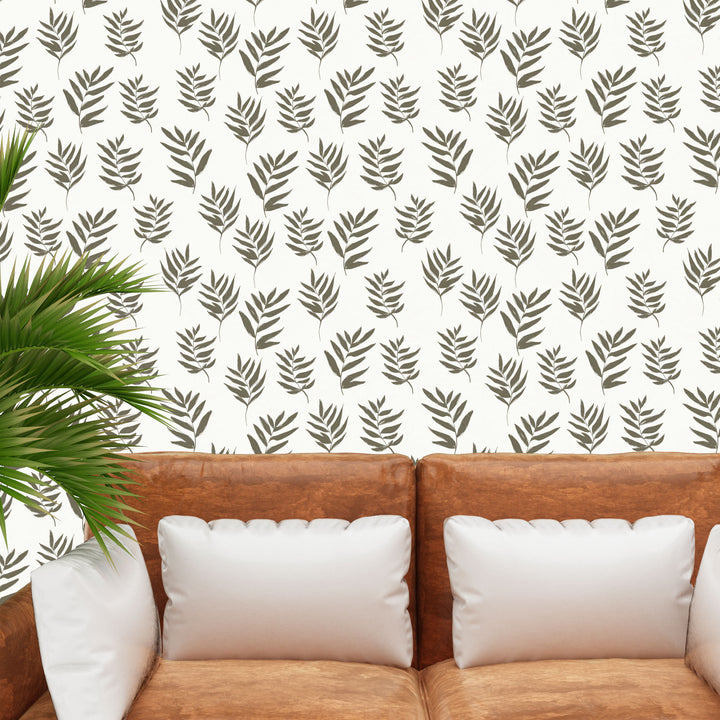 Hand Drawn Dark Olive Green Leaves Peel and Stick Removable Wallpaper - 22-10S