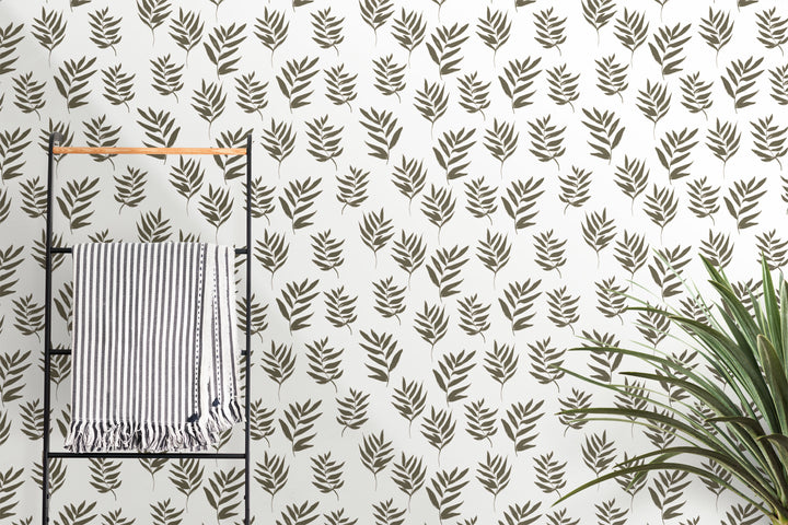 Hand Drawn Dark Olive Green Leaves Peel and Stick Removable Wallpaper - 22-10S