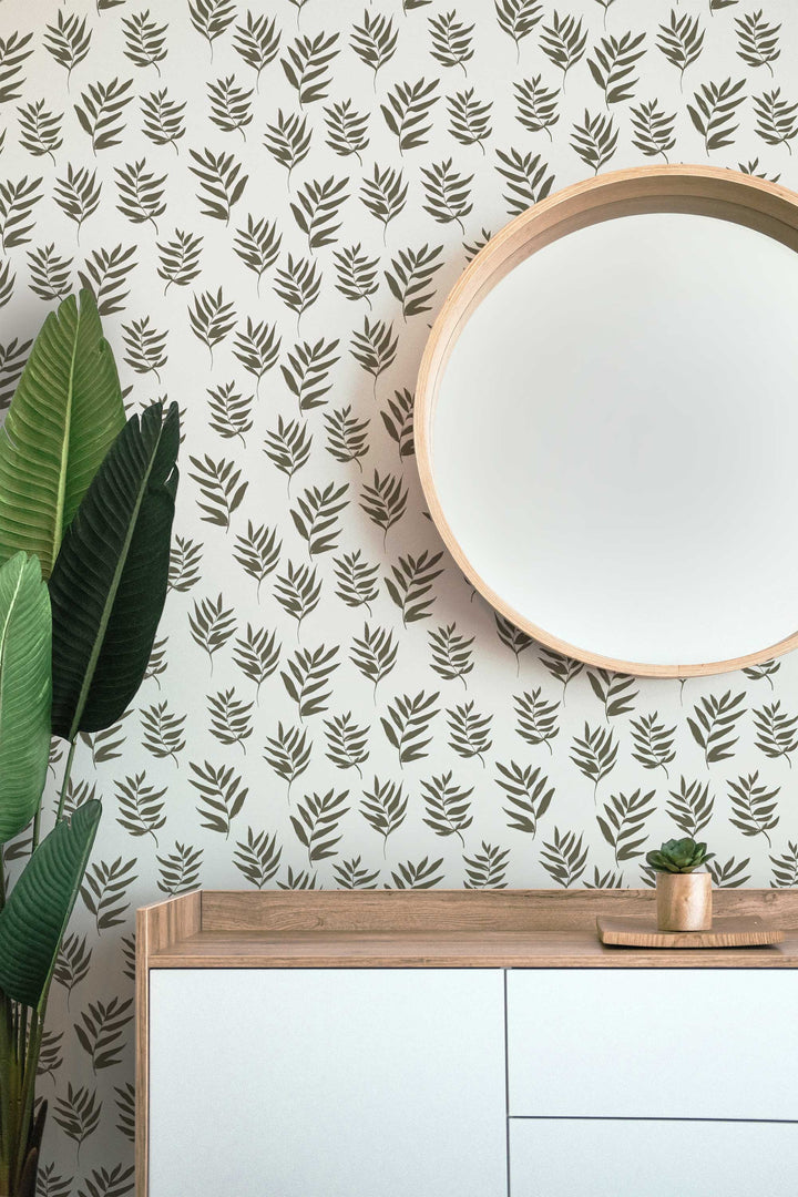 Hand Drawn Dark Olive Green Leaves Peel and Stick Removable Wallpaper - 22-10S