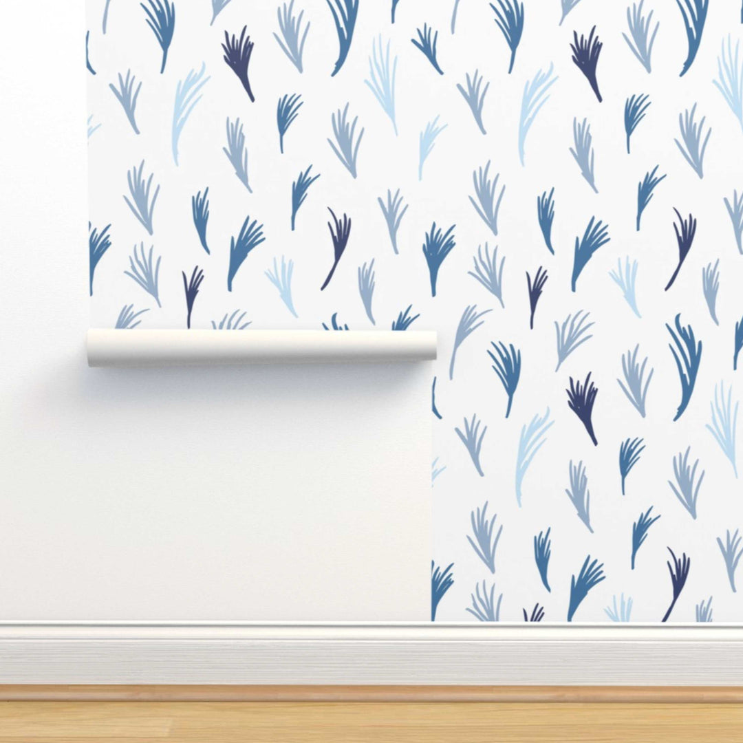 Blue Boho Hand Drawn Tropical Leaves Peel and Stick Wallpaper