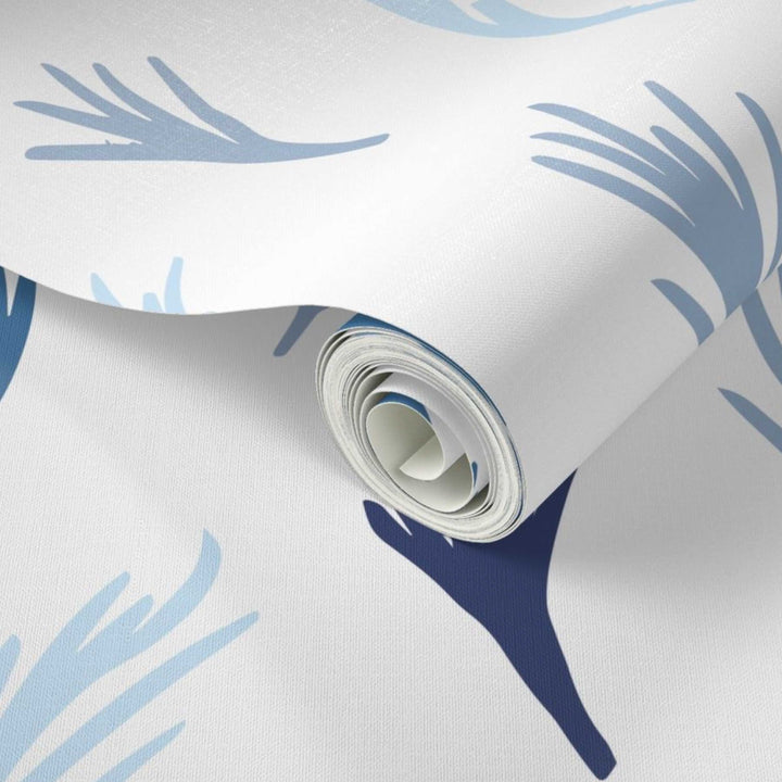 Blue Boho Hand Drawn Tropical Leaves Peel and Stick Wallpaper