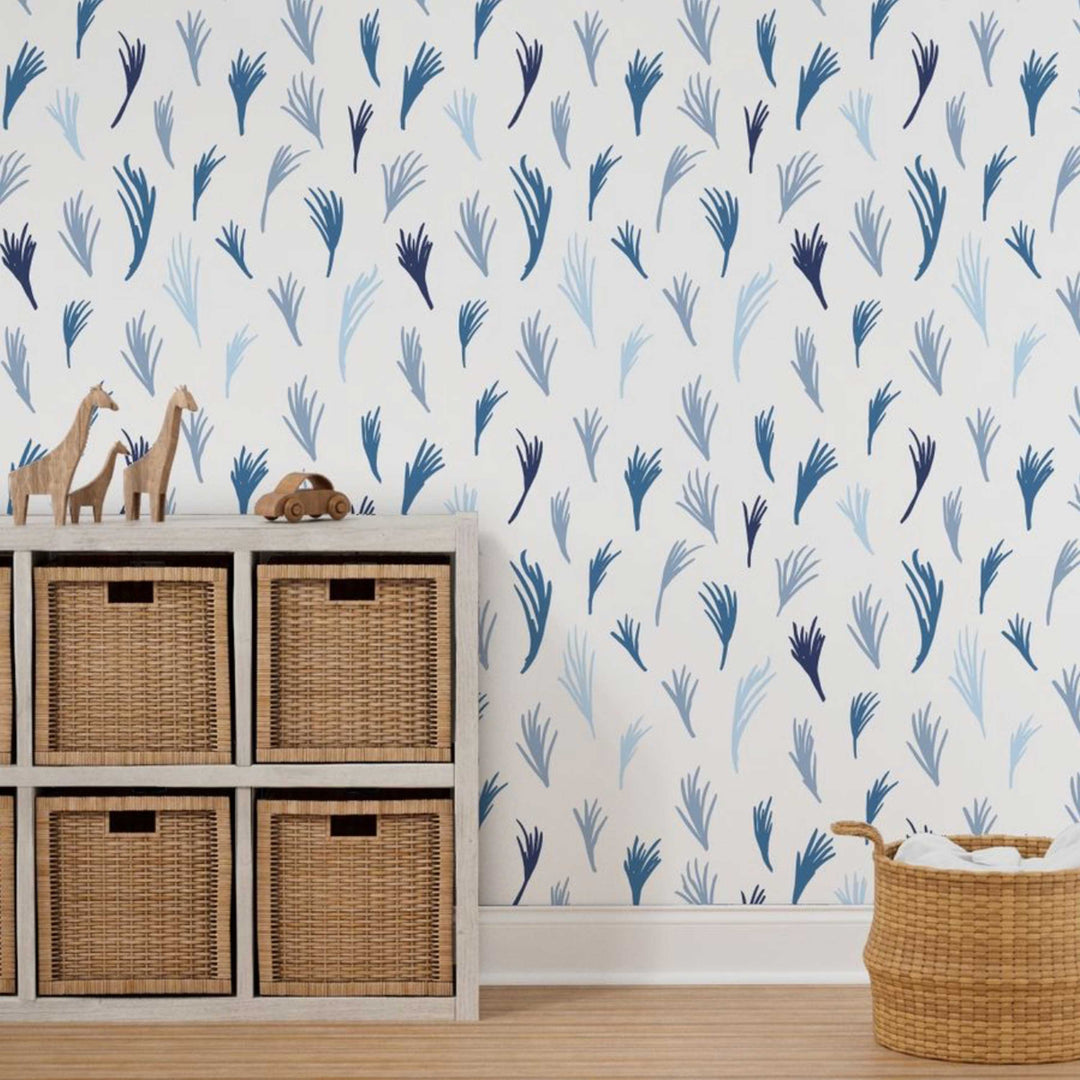 Blue Boho Hand Drawn Tropical Leaves Peel and Stick Wallpaper
