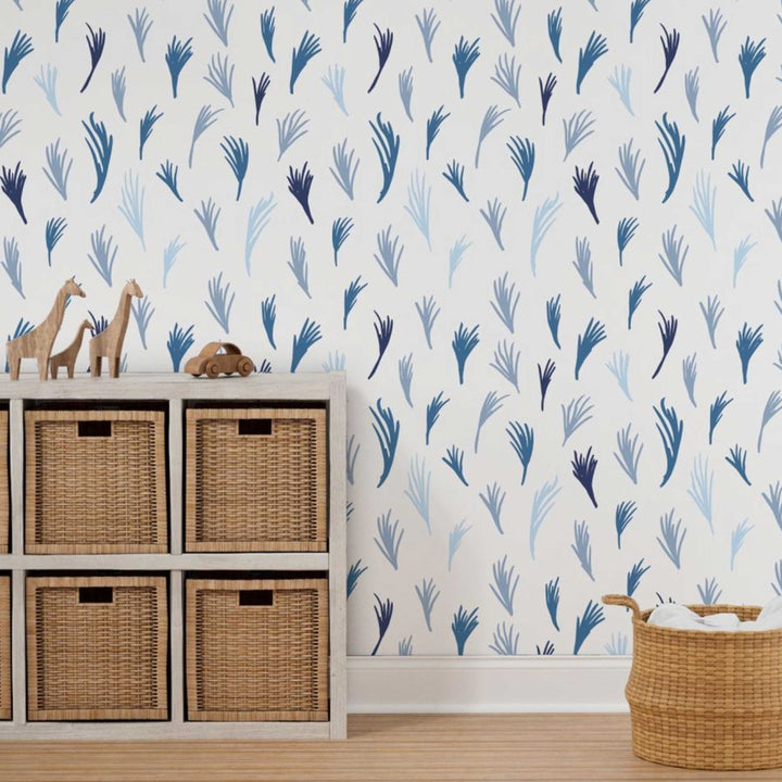 Blue Boho Hand Drawn Tropical Leaves Peel and Stick Wallpaper