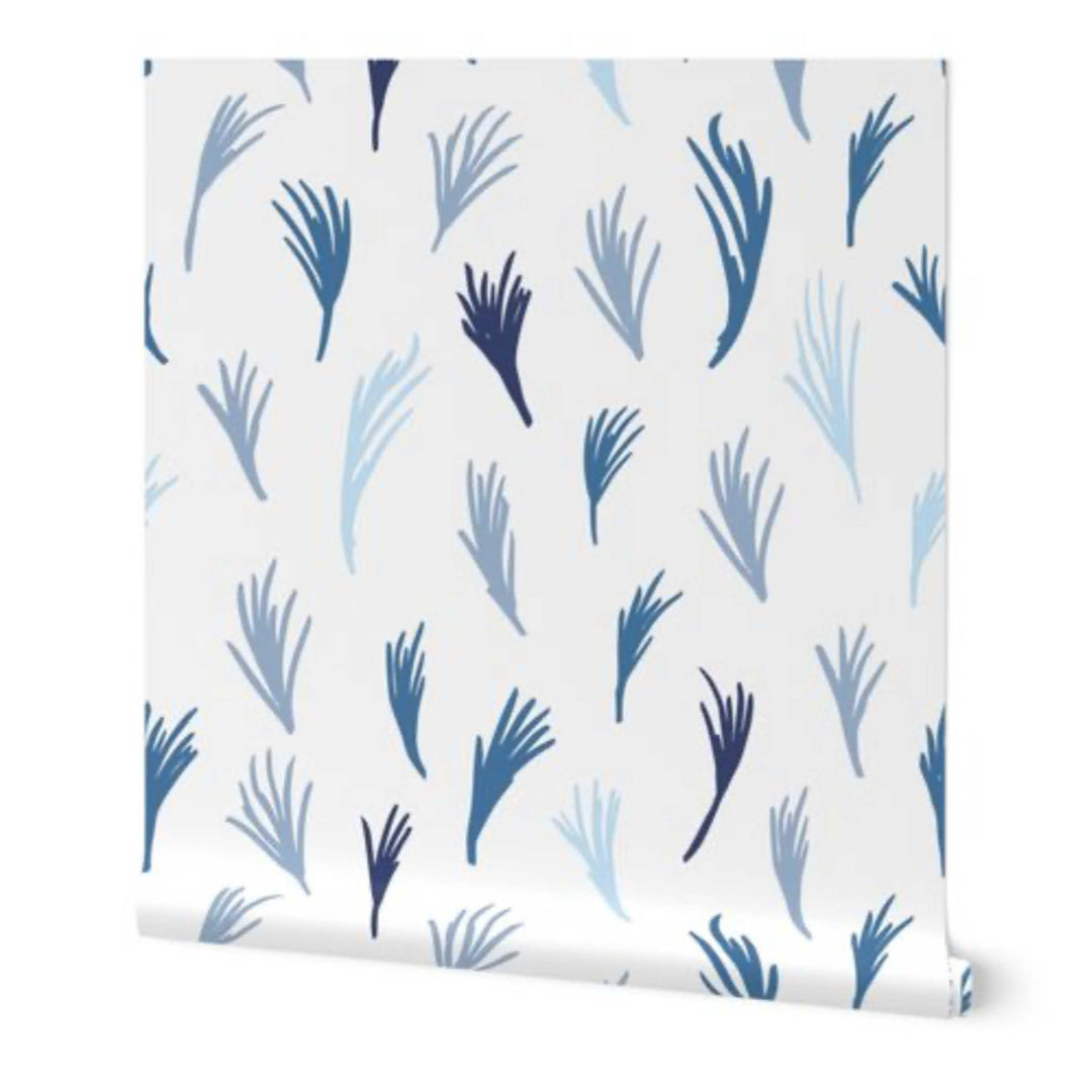 Blue Boho Hand Drawn Tropical Leaves Peel and Stick Wallpaper