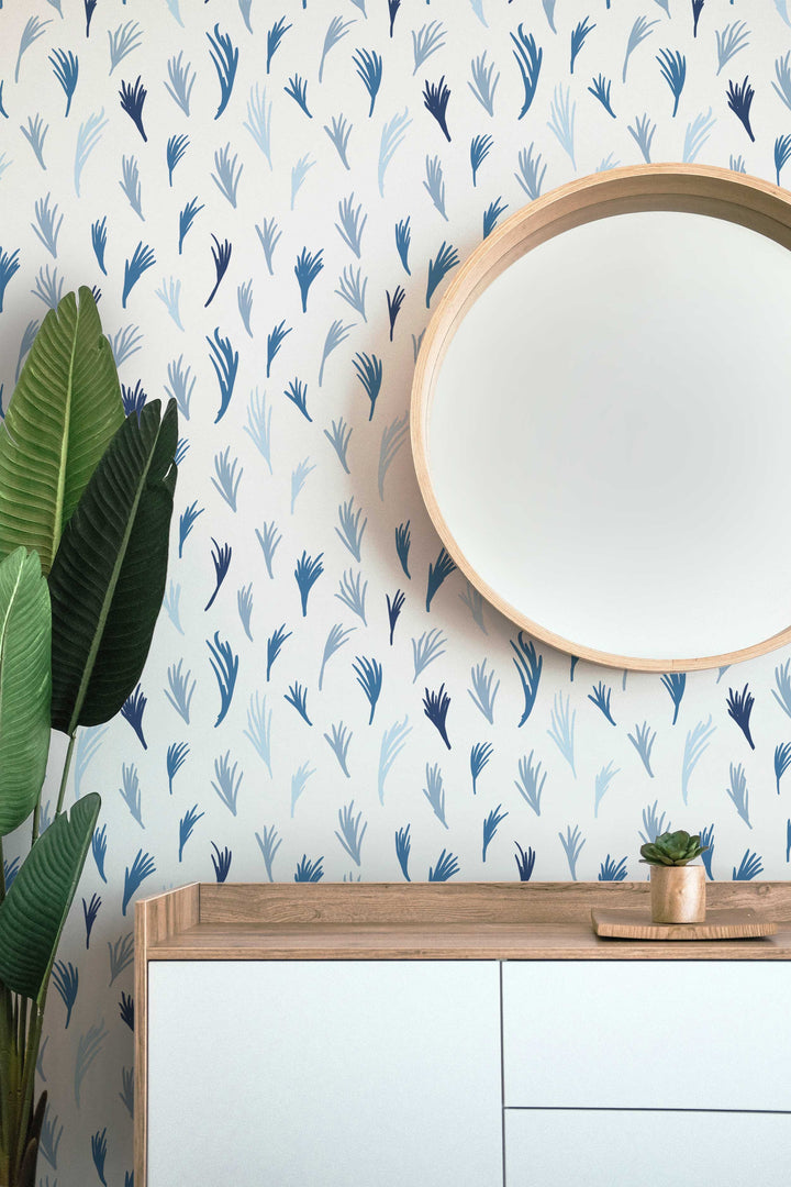 Blue Boho Hand Drawn Tropical Leaves Peel and Stick Wallpaper