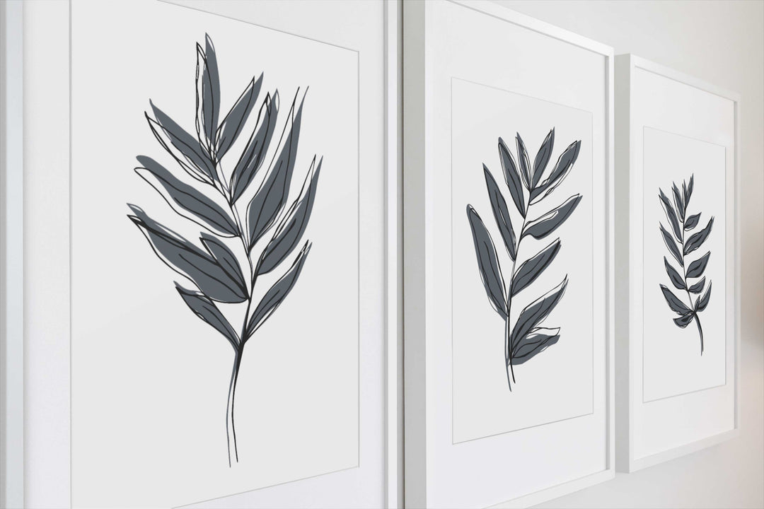 Offset Line Design Set of 3: Black Line Offset Design with Blue Leaves from Hand-drawn Sk ...