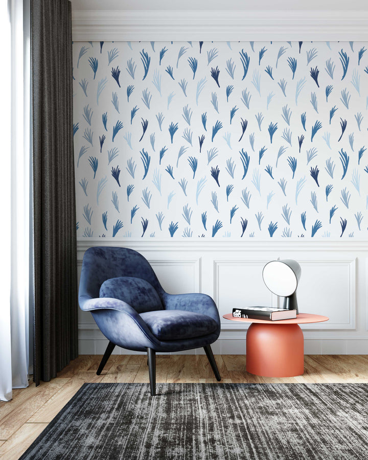Blue Boho Hand Drawn Tropical Leaves Peel and Stick Wallpaper