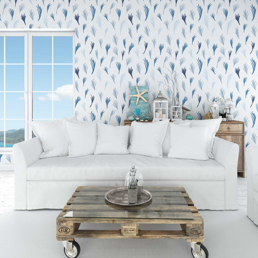Blue Boho Hand Drawn Tropical Leaves Peel and Stick Wallpaper