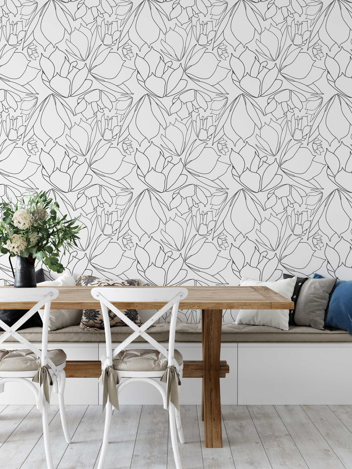 Breakfast Tea in White & Black Floral Peel & Stick Wallpaper