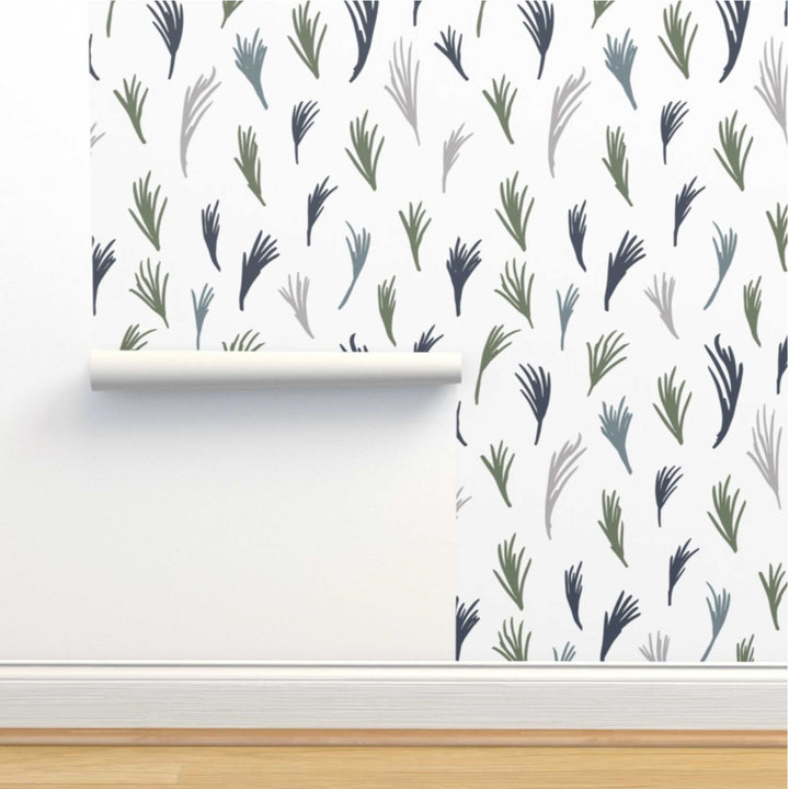 Green Boho Hand Drawn Tropical Leaves Peel and Stick Wallpaper