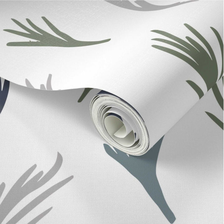 Green Boho Hand Drawn Tropical Leaves Peel and Stick Wallpaper