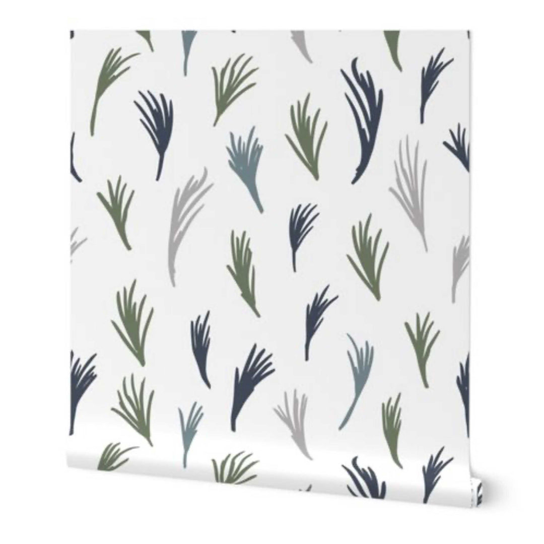Green Boho Hand Drawn Tropical Leaves Peel and Stick Wallpaper