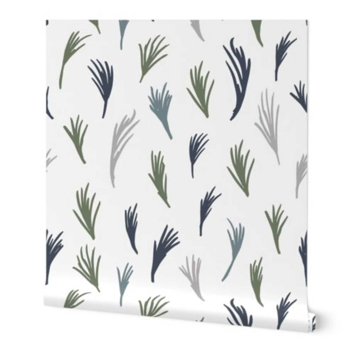 Green Boho Hand Drawn Tropical Leaves Peel and Stick Wallpaper