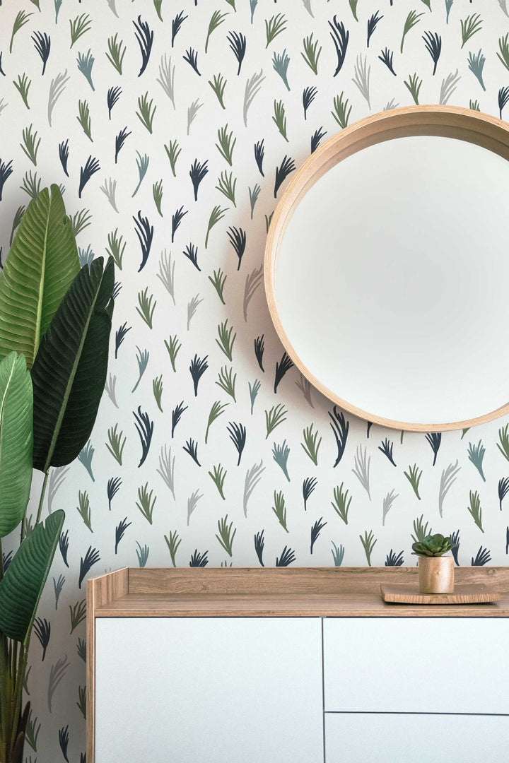 Green Boho Hand Drawn Tropical Leaves Peel and Stick Wallpaper