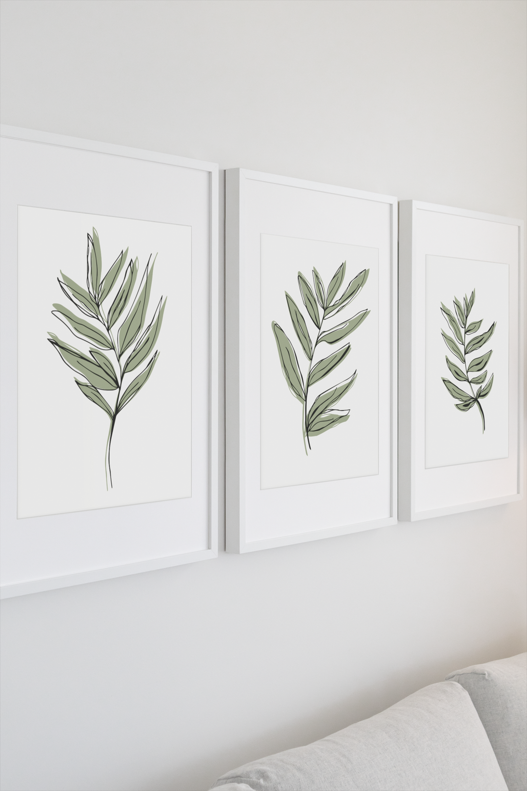 Set of 3 Black Line Offset Design with Green Leaves Hand Drawn Sketches - Design 22-10; Digital Download Wall Art Print