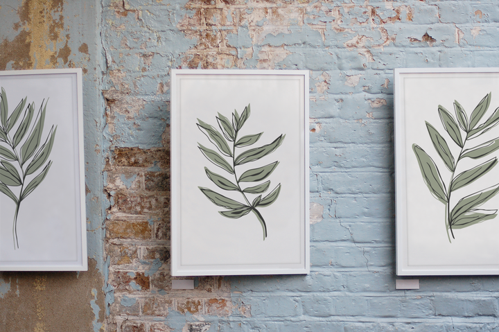 Set of 3 Black Line Offset Design with Green Leaves Hand Drawn Sketches - Design 22-10; Digital Download Wall Art Print