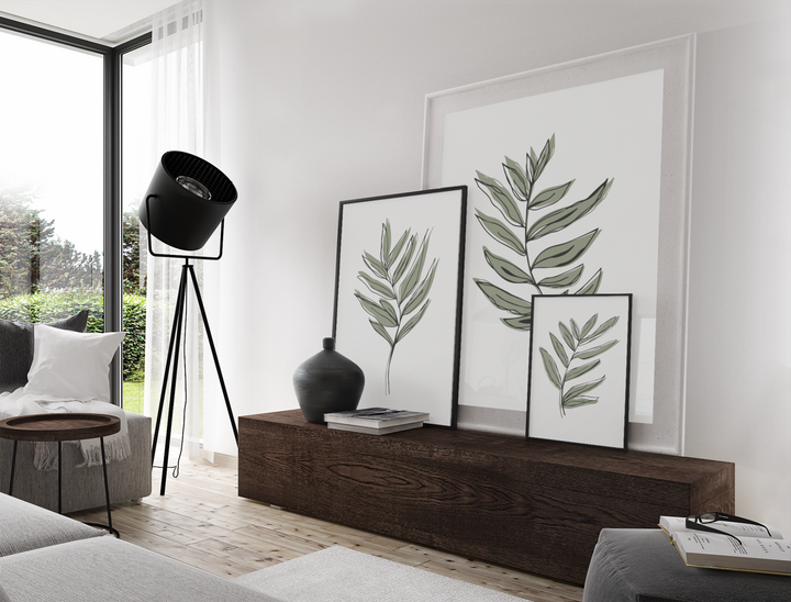 Set of 3 Black Line Offset Design with Green Leaves Hand Drawn Sketches - Design 22-10; Digital Download Wall Art Print