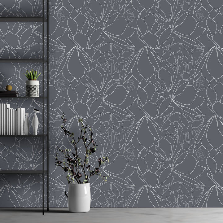Floral Wallpaper - Breakfast Tea in Blue Gray Peel & Stick Wallpaper