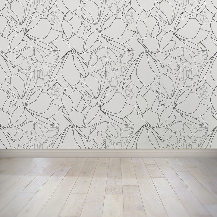 Breakfast Tea in White & Black Floral Peel & Stick Wallpaper