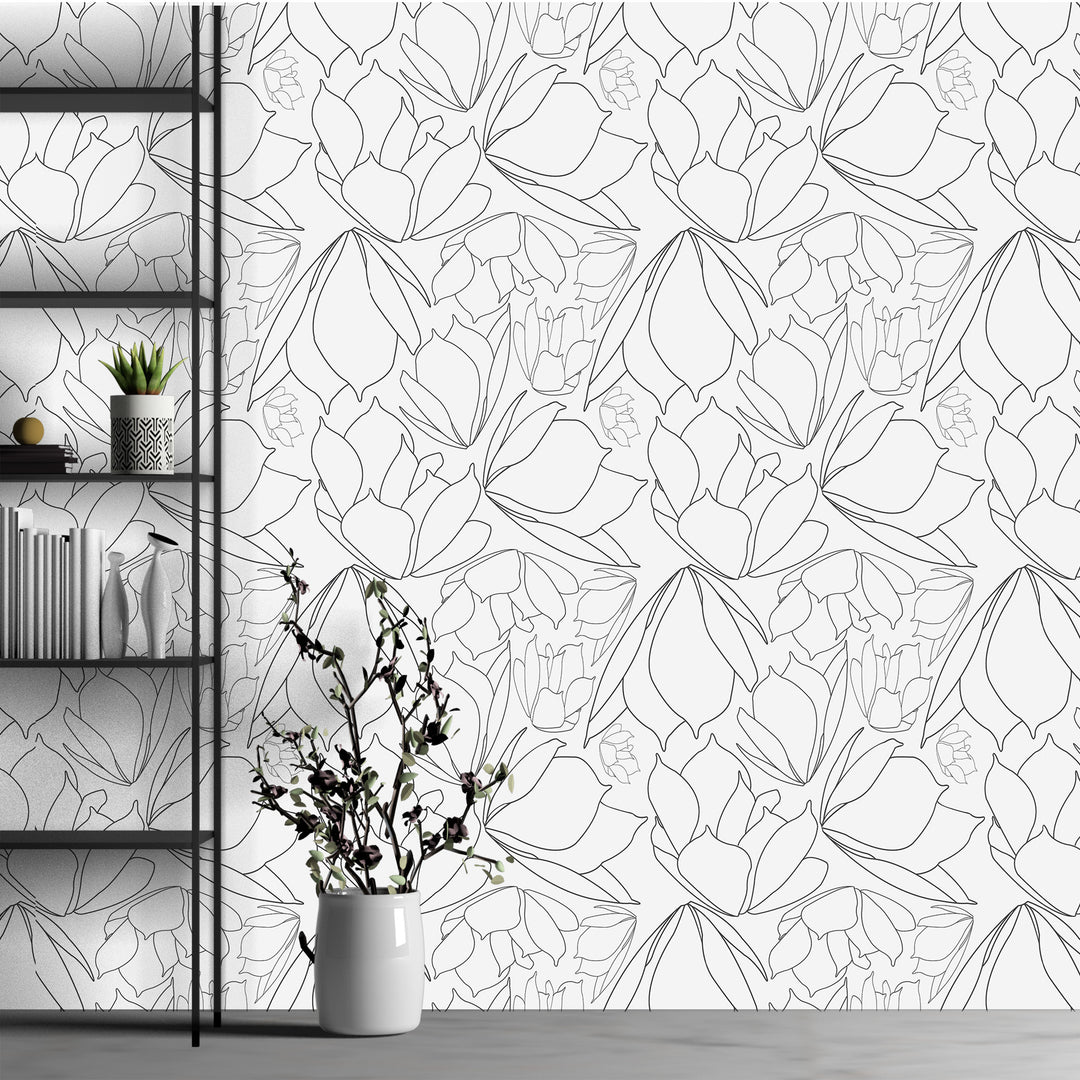 Breakfast Tea in White & Black Floral Peel & Stick Wallpaper