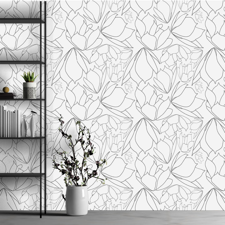 Breakfast Tea in White & Black Floral Peel & Stick Wallpaper