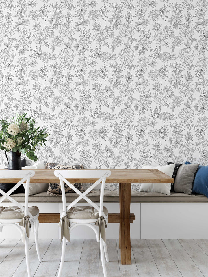 White & Black Line Peonies Flower Design 00 Peel & Stick Wallpaper