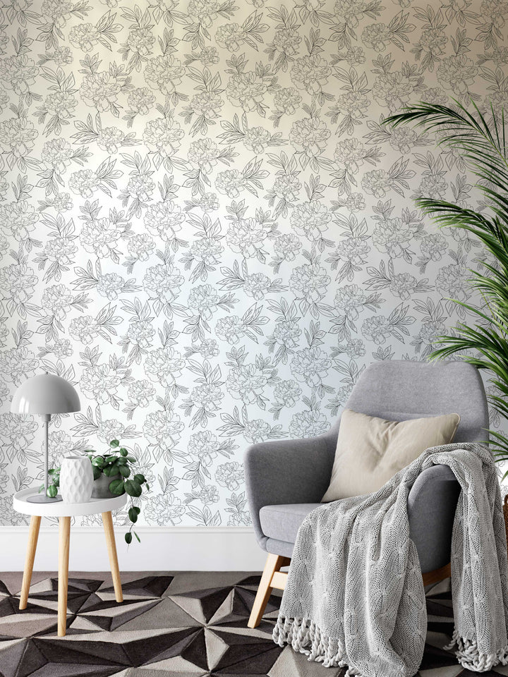 White & Black Line Peonies Flower Design 00 Peel & Stick Wallpaper