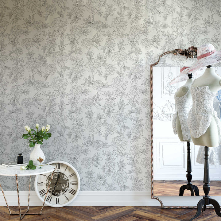 White & Black Line Peonies Flower Design 00 Peel & Stick Wallpaper