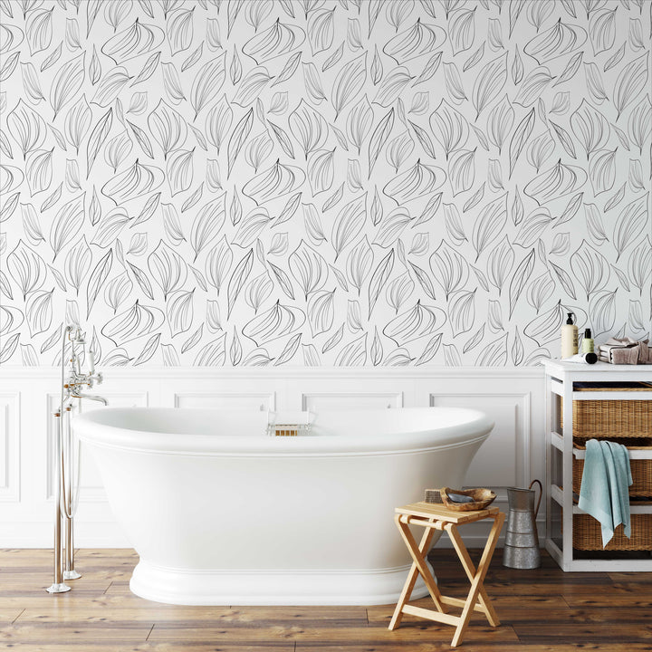 Peel & Stick Wallpaper; Black and White Foliage Leaf Design 03 - Removable Wallpaper