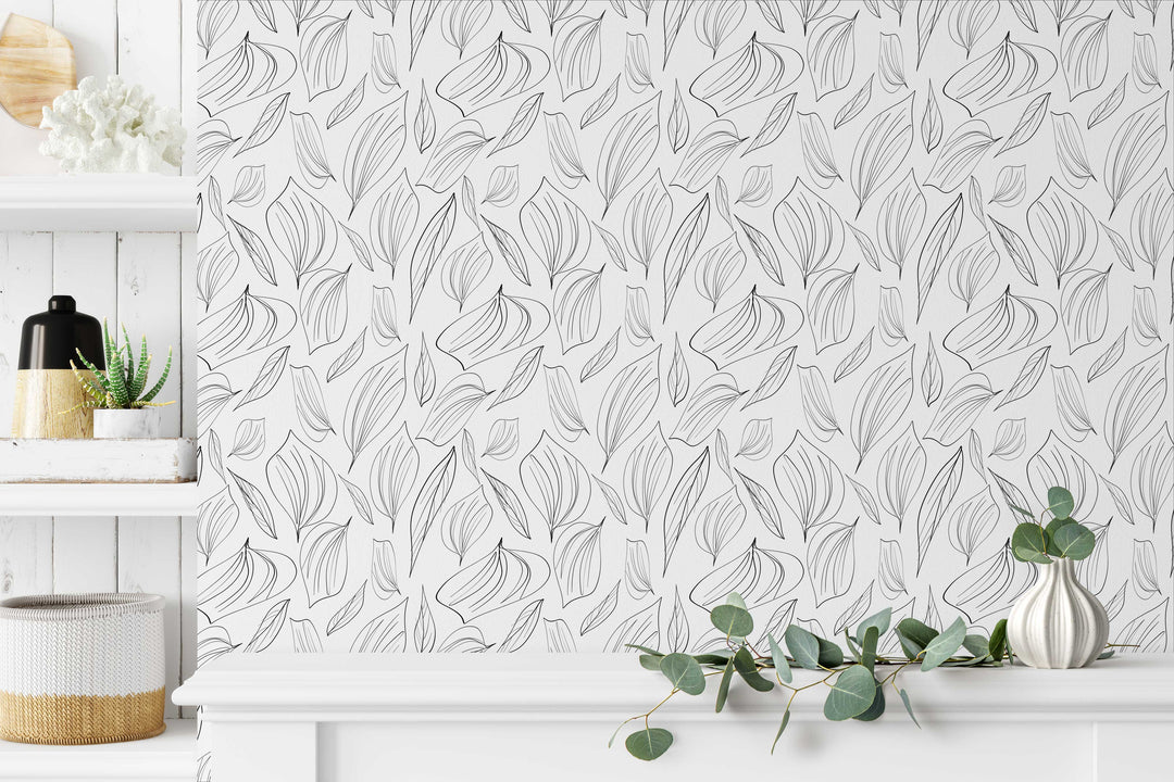 Peel & Stick Wallpaper; Black and White Foliage Leaf Design 03 - Removable Wallpaper